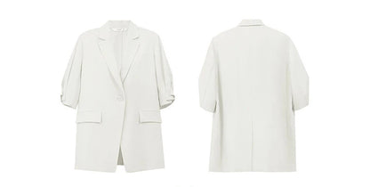 Women's Blazer 2026 Summer New Notch Lapel Linen Blend Pleated Half Sleeve Jacket Casual Office Midi Length Coat 12642184