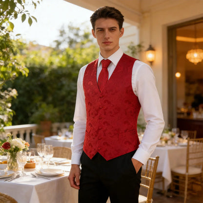 Men's Suit Vest Set – Floral Jacquard Waistcoat with Tie, Hanky & Cufflinks for Weddings & Formal Events