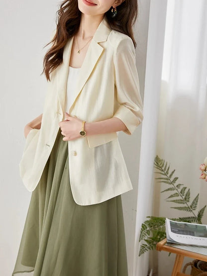 Casual Lyocell Suit Blazers Women 2026 Autumn Fashion Transparent Lightweight Three Quarter Sleeve Office Ladies Blazers