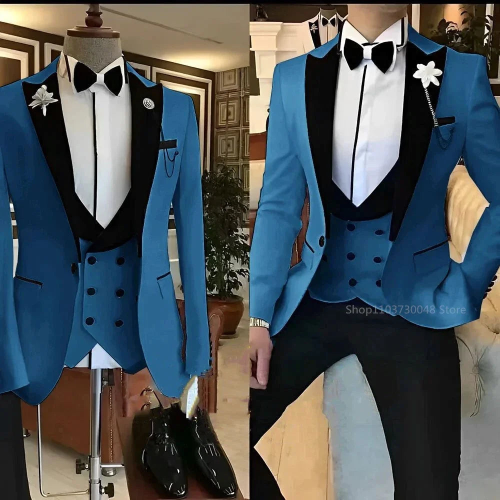 Latest Solid Formal Men's Wedding Suit Slim Fit Elegant Groom Tuxedos Business Party Suits 3 Pieces Sets (Jacket+Vest+Pants)