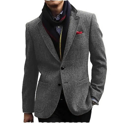 Men's Gray/Brown Herringbone Tweed Blazer Single Breasted Notch Lapel Jacket Office Tuxedo Woolen Suit Coat for Business Wedding