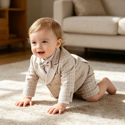 Toddler Gentleman Plaid Suit Set Boys Formal Blazer Waistcoat Suspender Shorts BowTie Wedding Birthday Baptism Party Dress Outft
