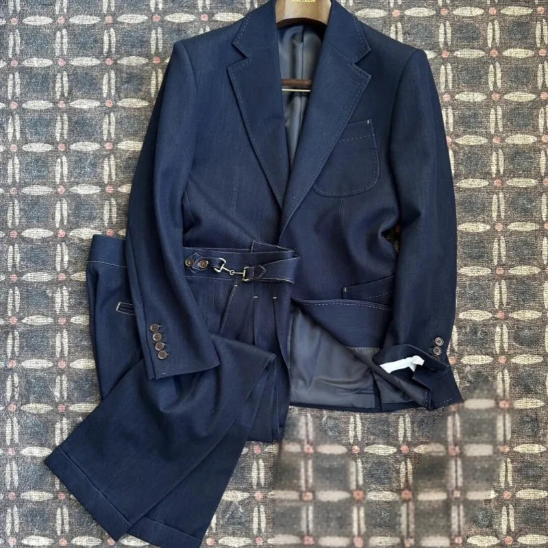 Business Men Office Work Denim Blue Lapel Single Breasted Blazer Jacket Casual Italian Style Designer Male Suit Two Piece Sets