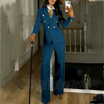 Navy Blue Women's Suit Regular Fitted Customized Peaked Lapel Blazer Professional Outfit(Jacket+Pants) Office Lady Daily Set