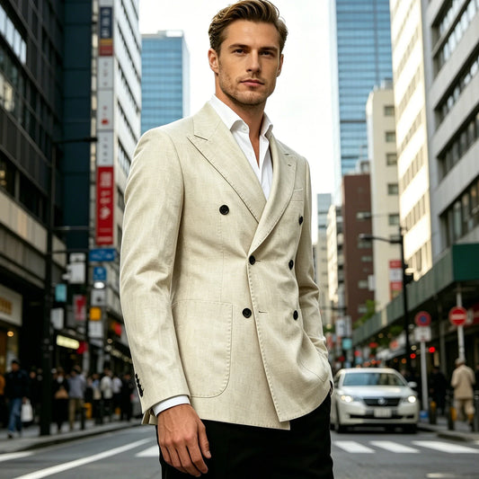 Men's Linen Double Breasted Blazer Slim Fit Casual Business Suit Jacket Formal Wedding Groom Tuxedo Coat For Spring Summer