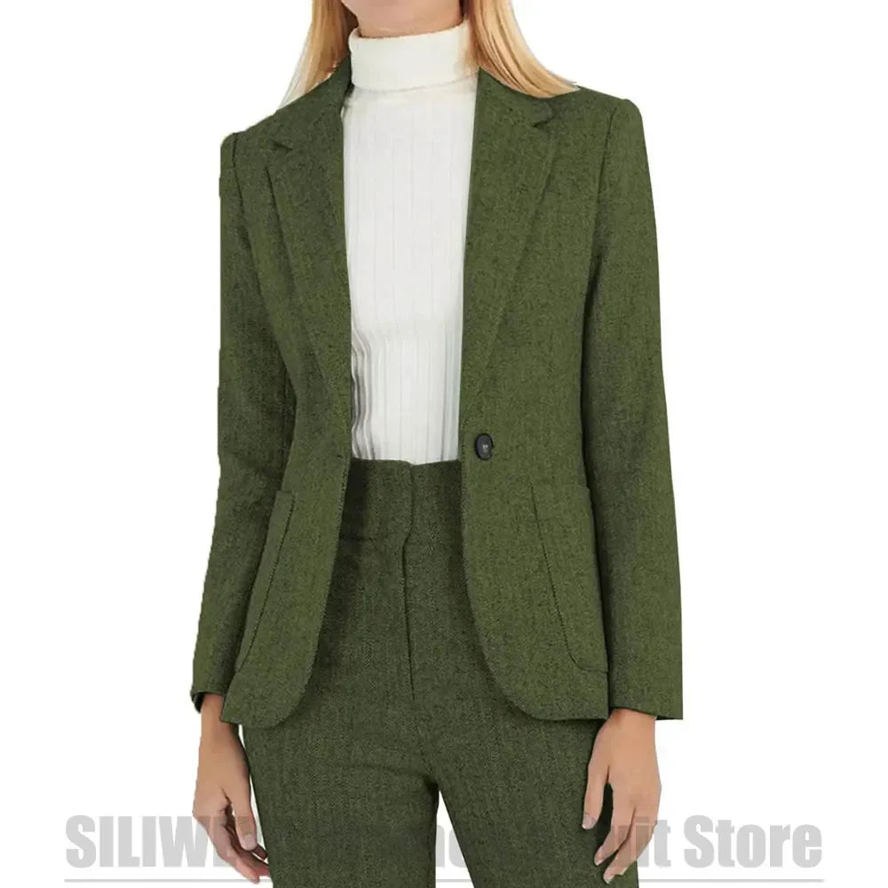 Fashion Herringbone Women's Suit One Button Wool Blend Blazer and Pants Set Formal Office Two Piece Stylish Daily Casual Suits