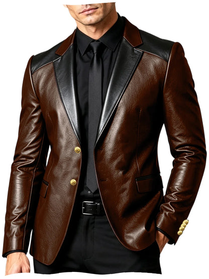 PU Leather Men's Suit Blazer Patchwork Style Wedding Groom Tuxedo Formal Office Prom Jacket High Quality Business Casual Coat