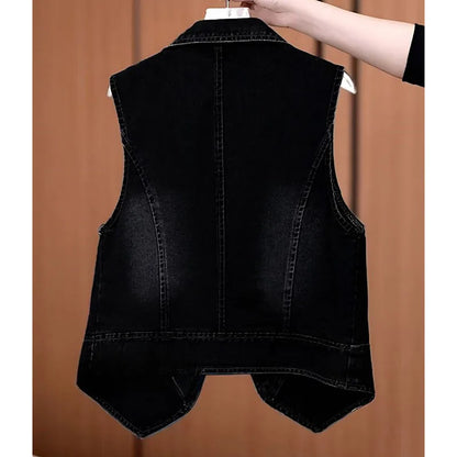 Korean Ladies Large Size 4XL Cowboy Waistcoat Tops Female Leisure Short Vest Coat Autumn Women Nostalgic Sleeveless Jacket