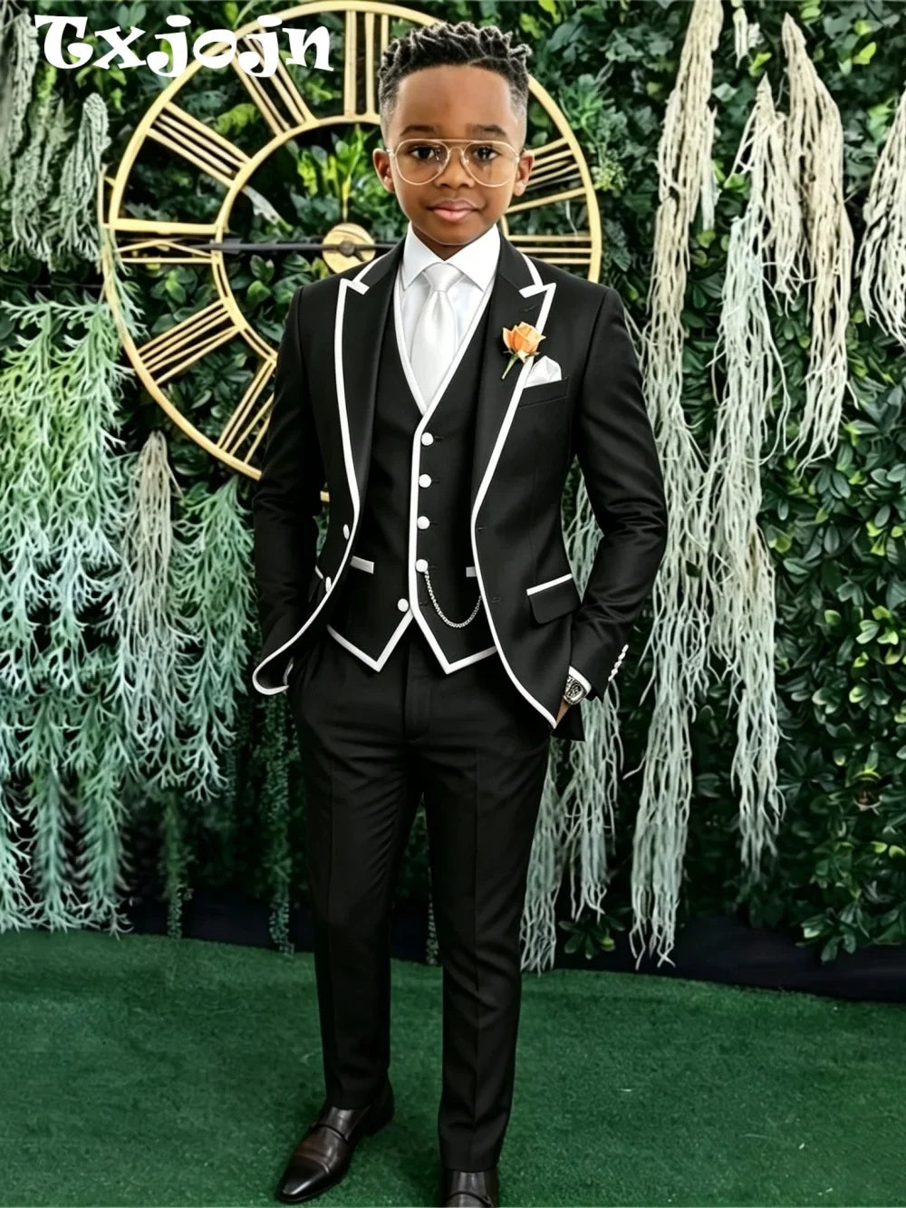 Hot Sale Boys Slim Fit Suits 3 Pieces Banquet Party Wear Smart Elegant Kids Suit Set Wedding Ring Bearer Outfit Plus Size Tuxedo