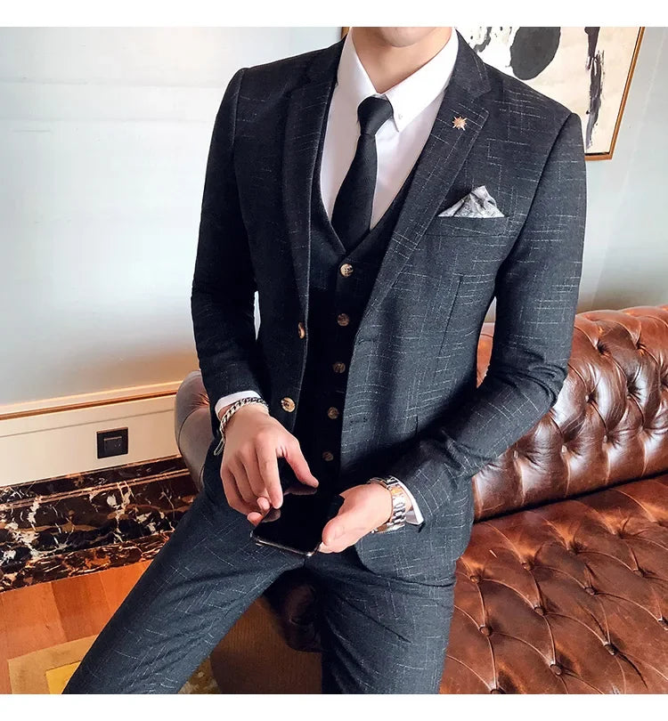 Men's 3-Piece Striped Formal Suit – Blazer, Vest & Trousers | Italian Style Business Gentleman