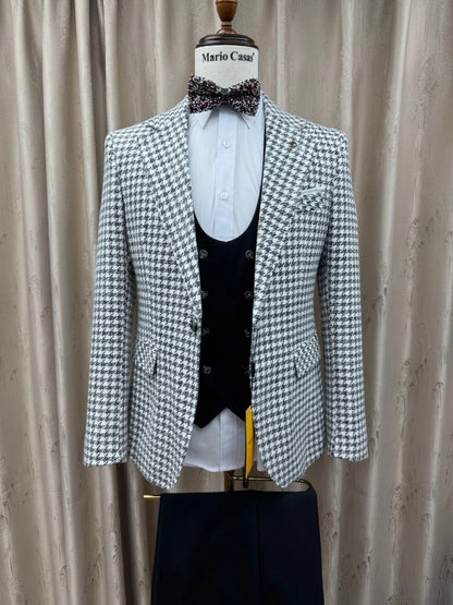 Men's Houndstooth Suit 3 Piece Blazer Jacket Pants Vest Formal Wedding Party Prom Business Outfit Slim Fit Suits Set S-3XL