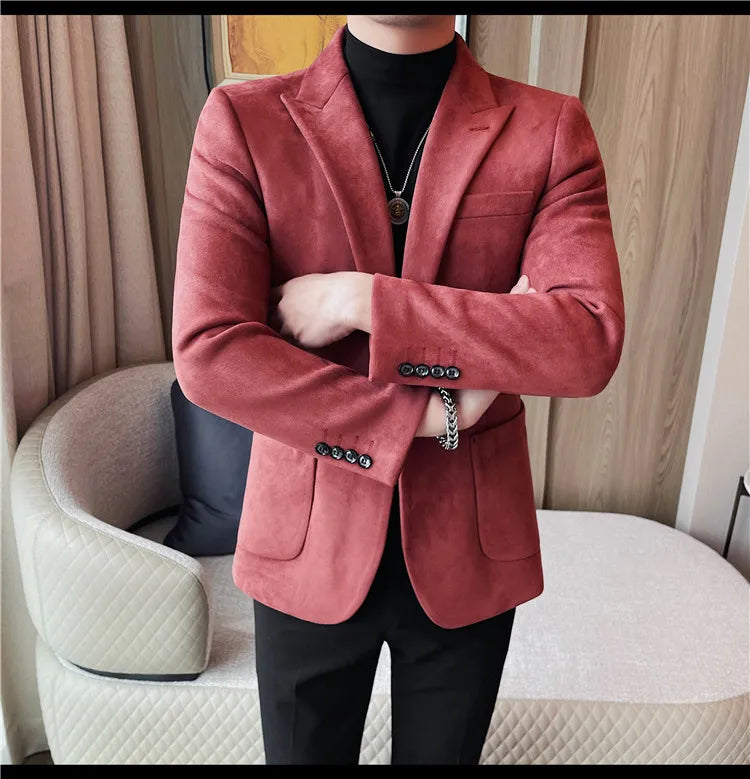 2024 Autumn Winter Men's Suede Suit Jacket High End Business Casual Blazers Slim Fit Wedding Groom Street Wear Social Dress Coat