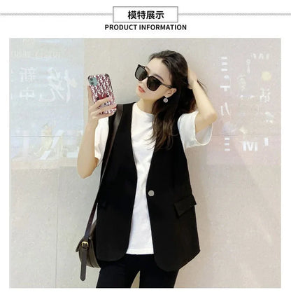 Feminine V-neck Blazer Waistcoat Tops Coat Korean Women Fashion Leisure Suit Vest Outerwear Spring Autumn Ladies Solid Color Sle