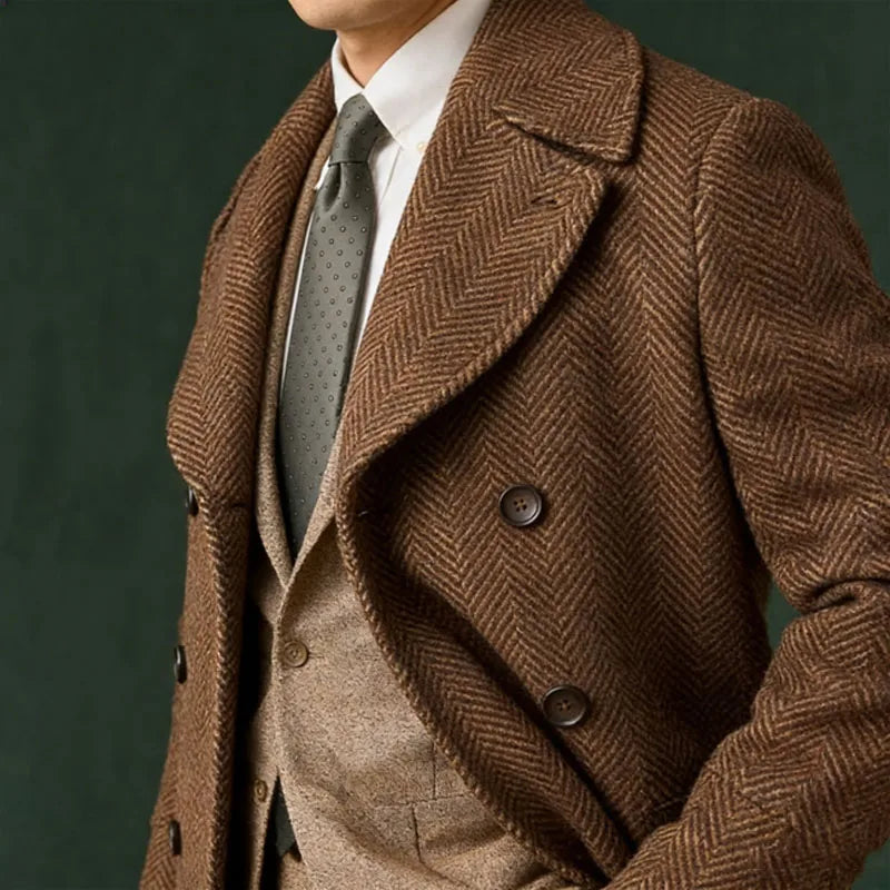 Men's Herringbone Tweed Overcoat Double-Breasted Wide Lapel Wool Blend Formal & Wedding Coat