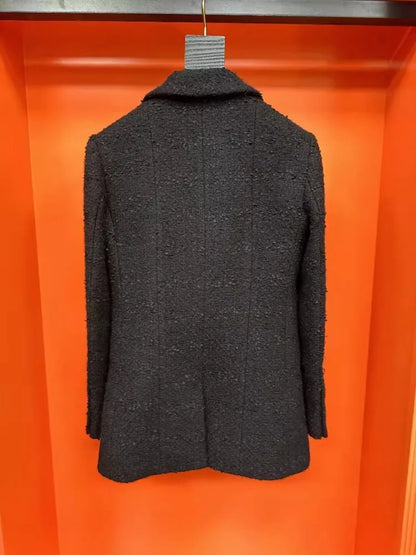 Double Breasted Office Ladies Elegant Black Tweed Jacket Mid Length Fashion Coat Spring Autumn Lapel Straight Women Suit Jacket