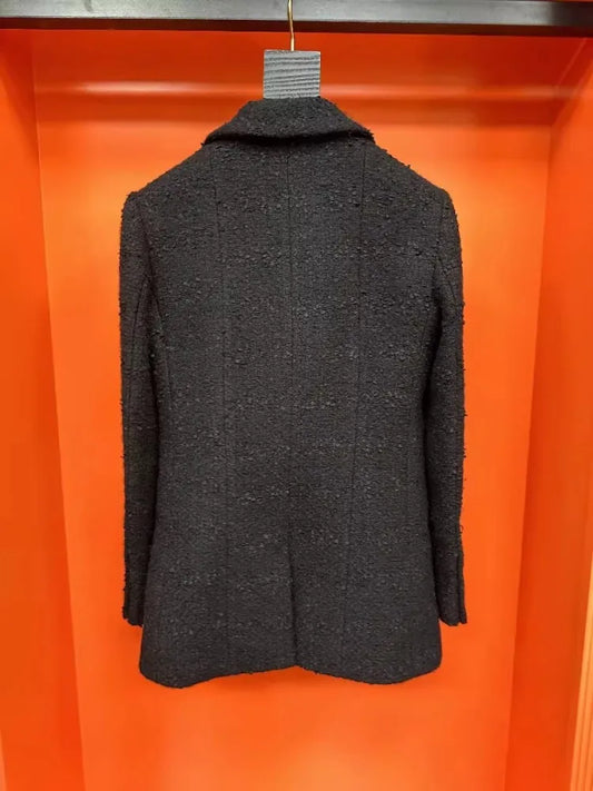Double Breasted Office Ladies Elegant Black Tweed Jacket Mid Length Fashion Coat Spring Autumn Lapel Straight Women Suit Jacket