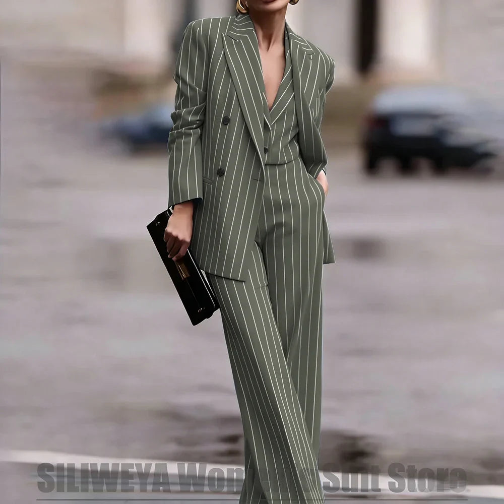 Navy Women's Striped 3 Piece Suit Double Breasted Blazer Vest Wide-Leg Pants Set Fashion Formal Party Office Casual Outfit