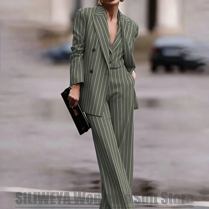 Navy Women's Striped 3 Piece Suit Double Breasted Blazer Vest Wide-Leg Pants Set Fashion Formal Party Office Casual Outfit