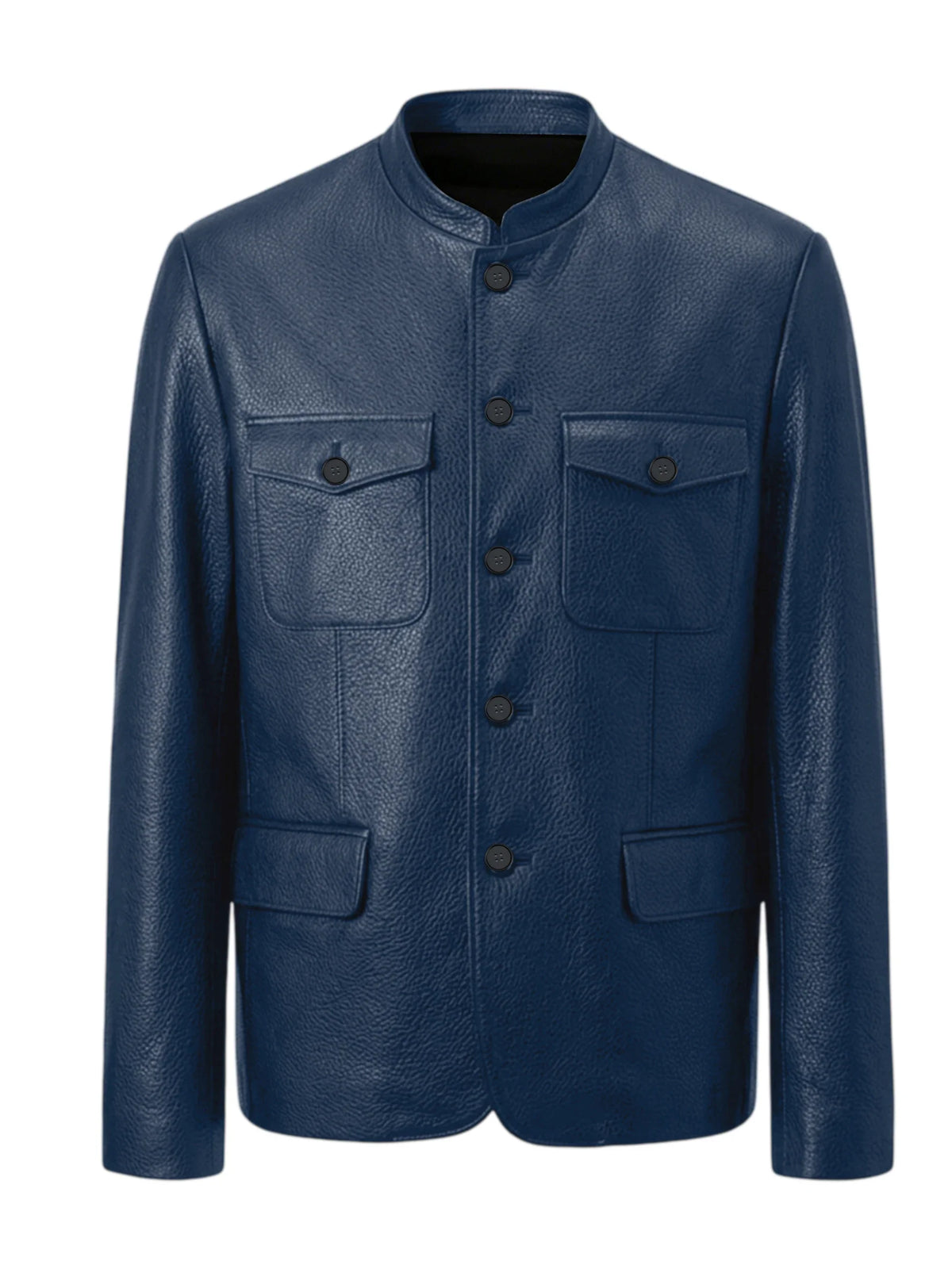 Men Premium Leather-Like Stand Collar Jacket Single Breasted Casual Multi-Pocket Slim Fit Business Outerwear