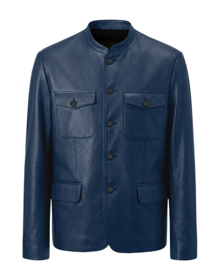 Men Premium Leather-Like Stand Collar Jacket Single Breasted Casual Multi-Pocket Slim Fit Business Outerwear