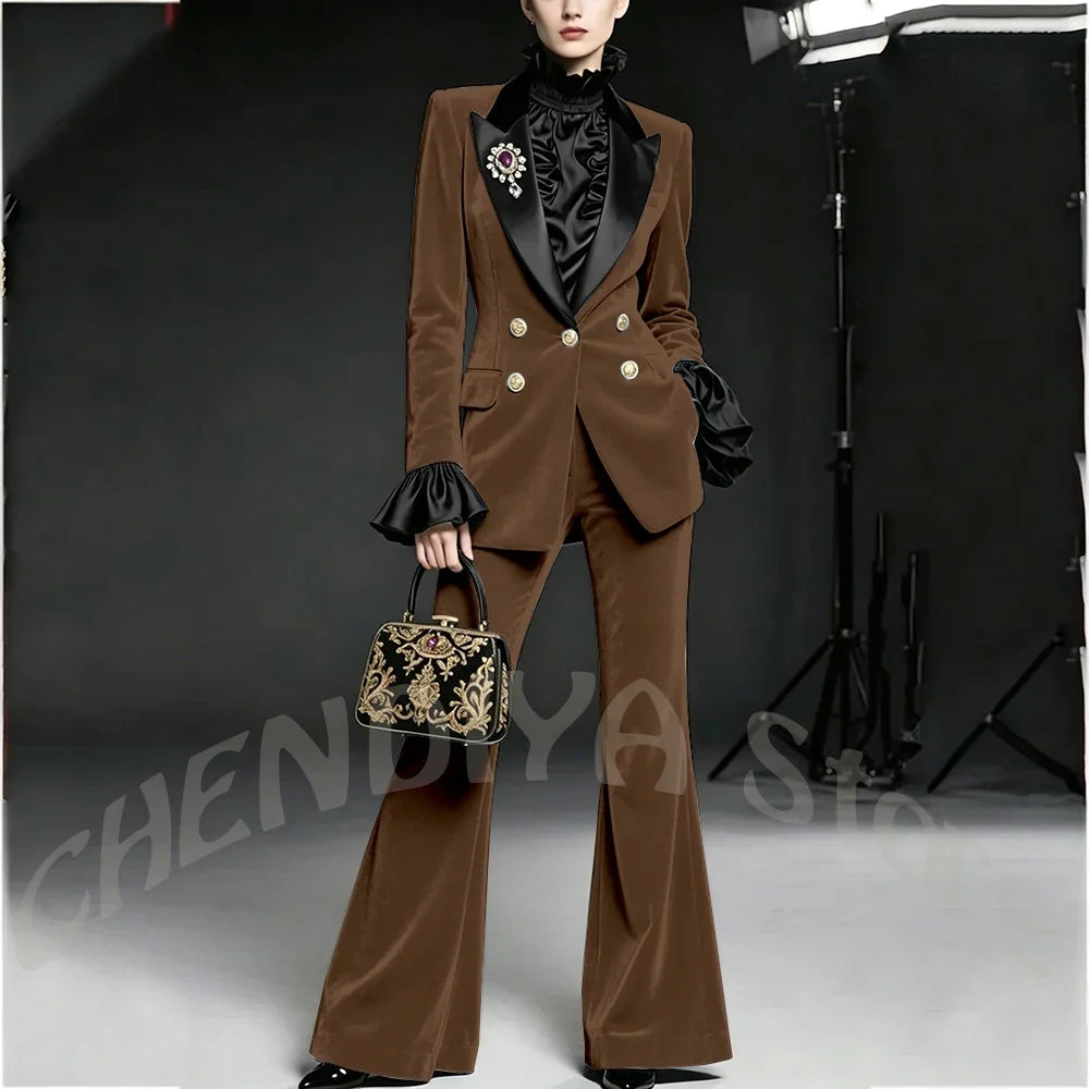Wine Red Women Suit Stylish Velvet Elegant Outfit Peaked Lapel Blazer Pants Evening Party Prom Female Clothing Two Pieces