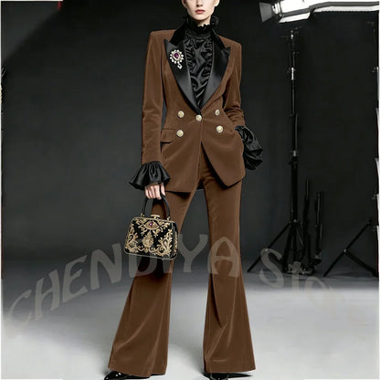 Wine Red Women Suit Stylish Velvet Elegant Outfit Peaked Lapel Blazer Pants Evening Party Prom Female Clothing Two Pieces