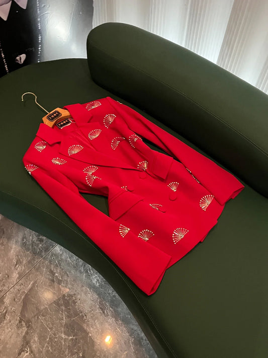 Elegant Embroidered Suit Women's Slim Fit Red Outerwear Jacket Heavy Embroidery Waist-Cinching Fashionable Summer New Arrival