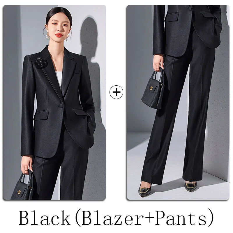 Women Blazer Pants Sets Apricot Appliques Two Pieces 2024 Autumn Work wear Trousers Formal Solid Color Long Sleeve Tops Pantsuit
