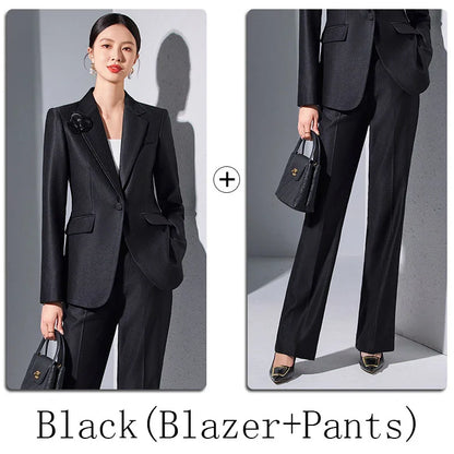Women Blazer Pants Sets Apricot Appliques Two Pieces 2024 Autumn Work wear Trousers Formal Solid Color Long Sleeve Tops Pantsuit