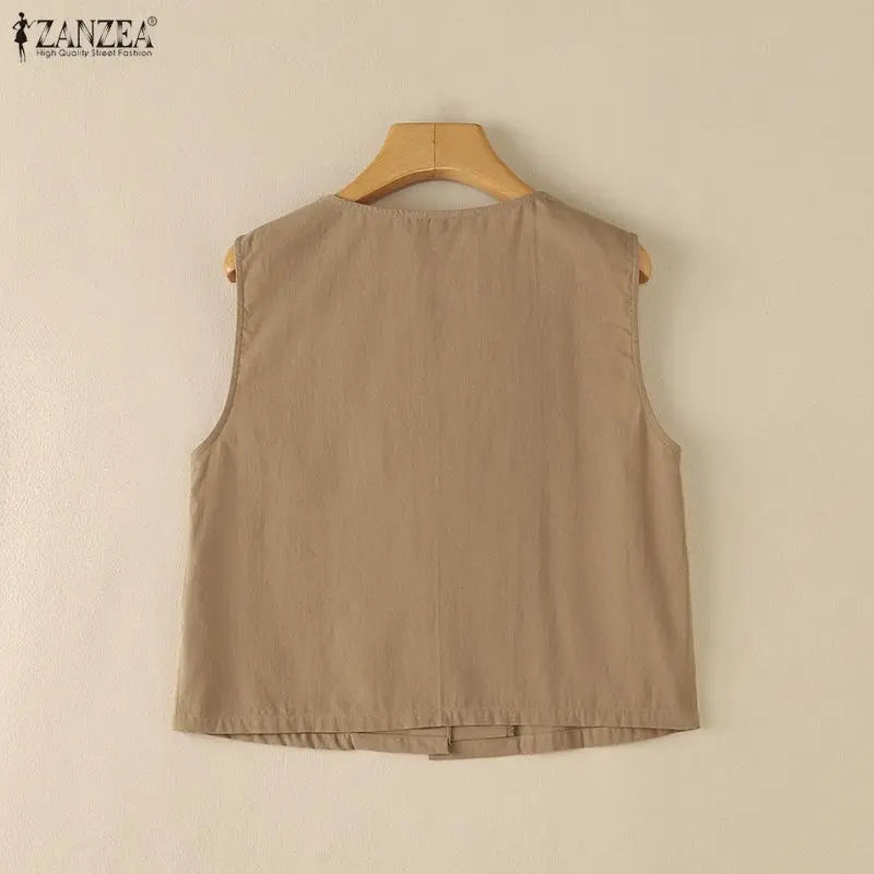 Woman Breathable Cotton Linen Solid Color Tank Tops Summer V-Neck Button Up Sleeveless Tops ZANZEA Daily Casual Vacation Tanks