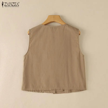 Woman Breathable Cotton Linen Solid Color Tank Tops Summer V-Neck Button Up Sleeveless Tops ZANZEA Daily Casual Vacation Tanks