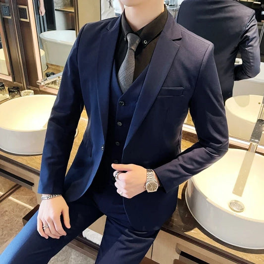 Men's Three-Piece Suit Set – Slim Fit Single Breasted Smart Casual Wedding & Business Suit with Vest and Trousers
