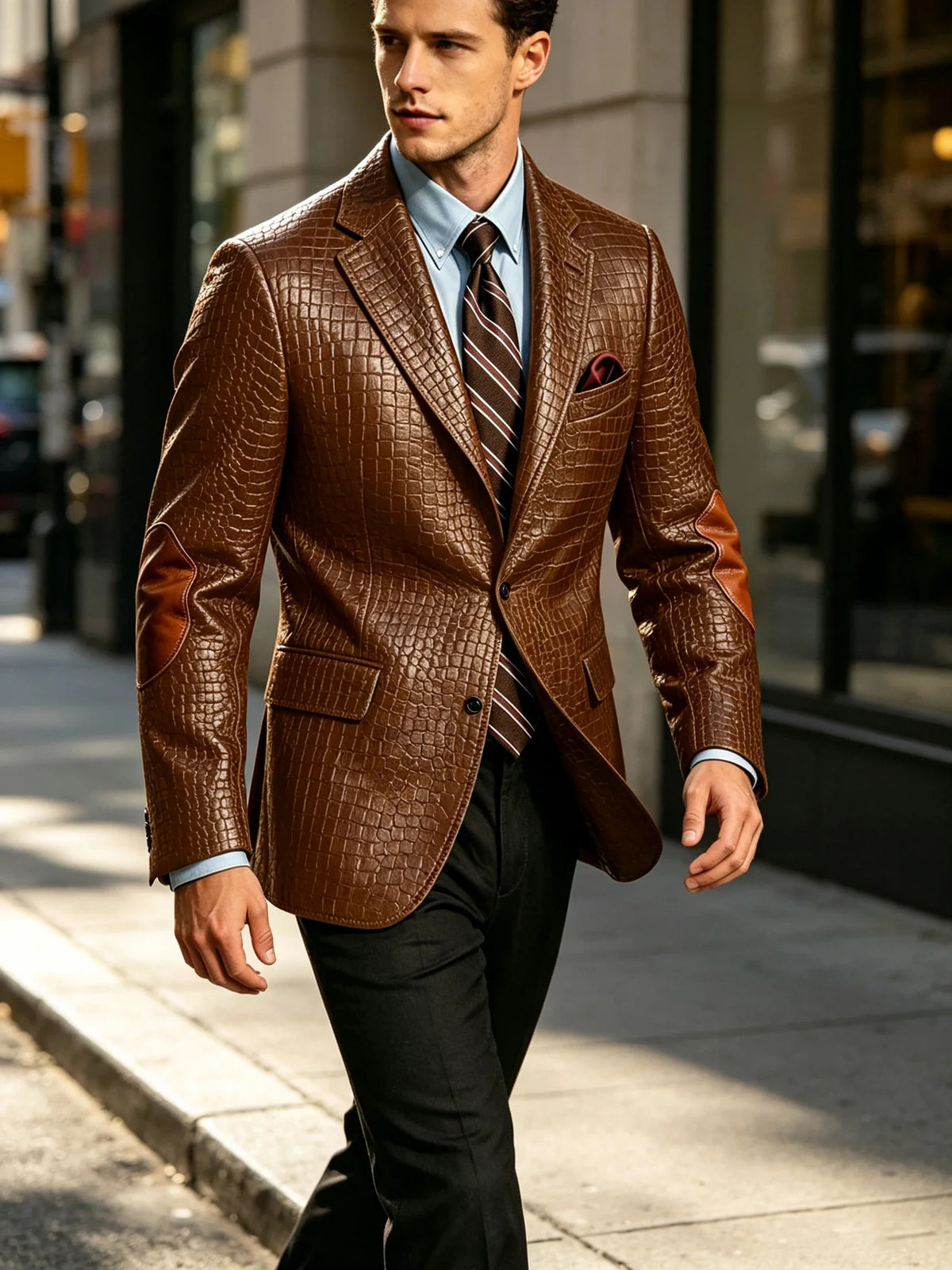 Men's Faux Leather Blazer  Crocodile Pattern Printed Sports Coat Jacket with Elbow Patch  For Party Prom Banquet Wedding Office