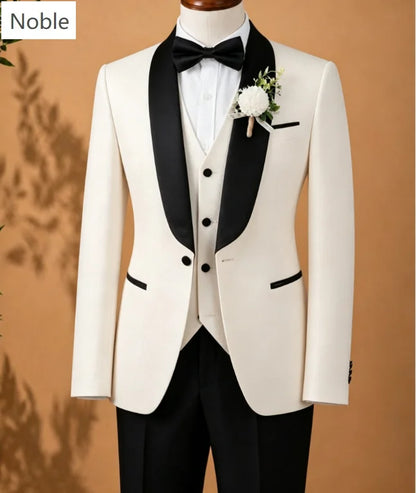 Men 3 Piece Suit Black Satin Collar White Shawl Lapel Slim Fit Groom Tuxedo Jacket Vest Pants Wedding Prom Coat Customized
