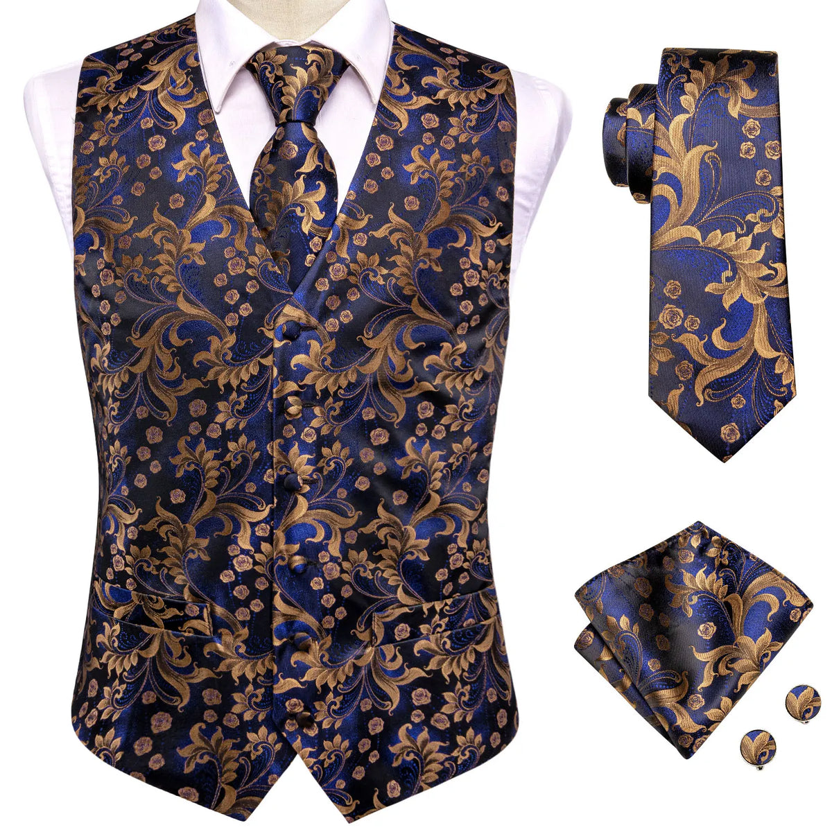 Men's Vest Paisley Jacquard Set with Necktie Pocket Square and Cufflinks for Weddings and Formal Events