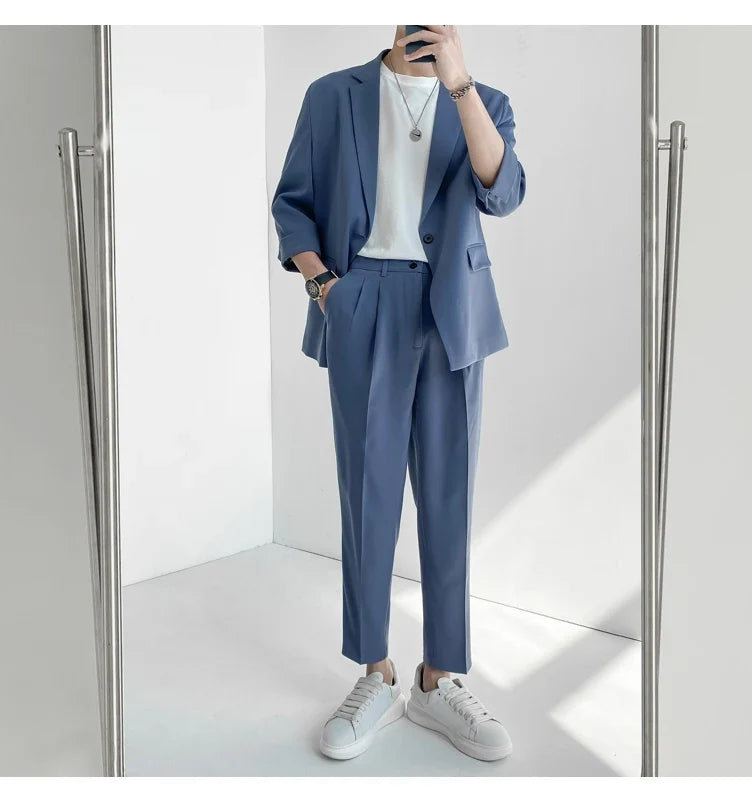2022 Fashion Summer 2-piece Set Solid Color Single-breasted Casual Simple Student Wear Homme Loose Suits Wear (Blazers + Pants)