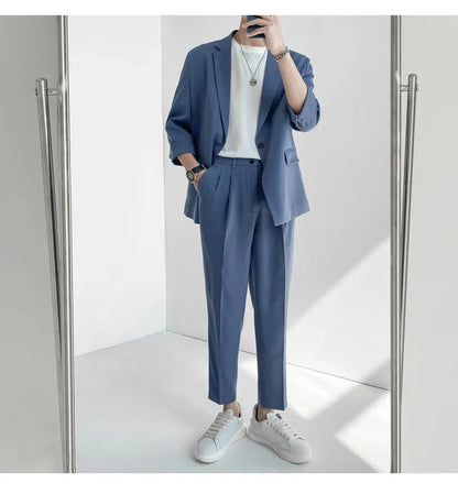 2022 Fashion Summer 2-piece Set Solid Color Single-breasted Casual Simple Student Wear Homme Loose Suits Wear (Blazers + Pants)