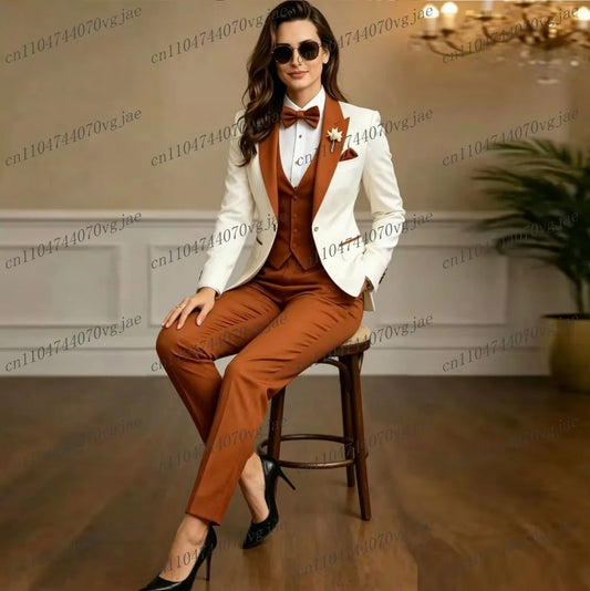 New Brown And White Formal Business Women Suit Wedding Party Prom Ladies Mother Girl Tuxedos 3 Piece Set Blazer Vest Pants
