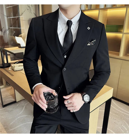 Men's 3 Piece Suit Set Double‑Button Solid Color Slim Fit Business Casual Wedding Banquet Party Jacket Vest Pants Formal Outfit