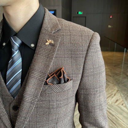 British Korean Style High Quality Modified Plaid Three-Piece Suit for Men - Stylish Business Casual Suit Vest And Trousers Set