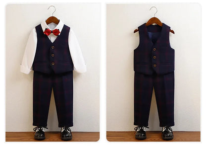Boys Plaid Double Breasted Tuxedo Set – 4-Piece Formal Suit for Weddings & Special Occasions