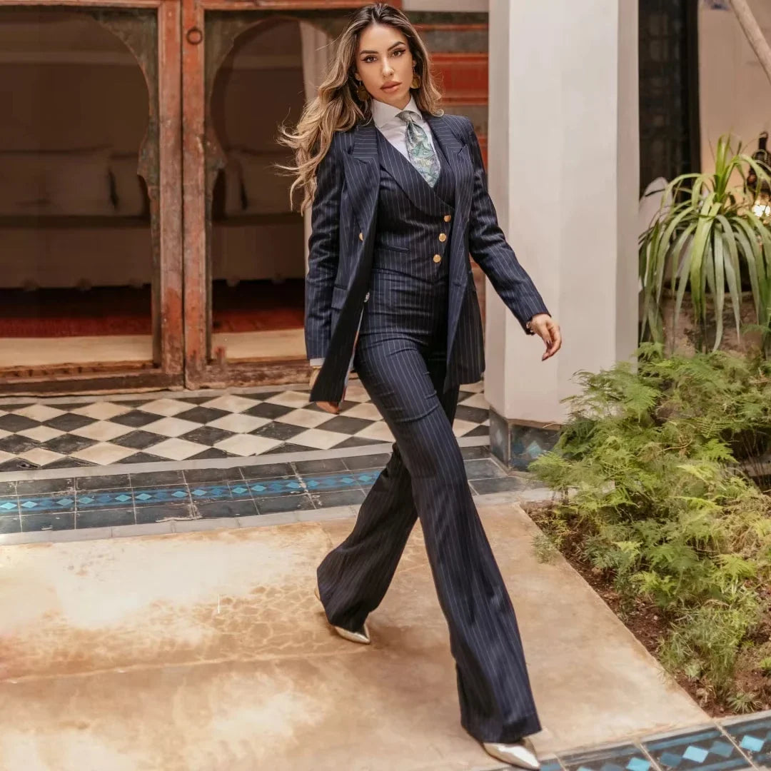 Navy Blue Striped Women Suit 3 Pieces Blazer Vest Pant Double Button For Wedding Party Business Work Daily Commute Shopping
