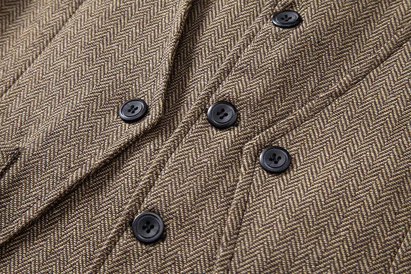 Men's Triple-Breasted Herringbone Tweed Vest – Retro Fake Two-Piece Waistcoat for Weddings & Smart-Casual Occasions