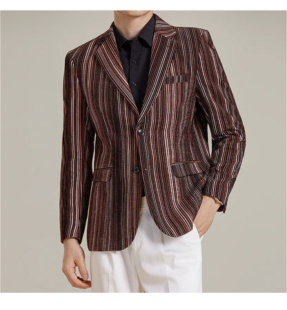 2025 Autumn Winter Velvet Striped Fashion Casual Suit Jacket Slim Fit Versatile Business Blazers Social Wedding Groom Dress Coat