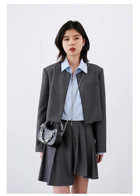 Women's Blazer Skirt Suits Long Sleeve Solid Short Jacket A-line Pleated Two-piece Set Female Coat Spring Summer 2022