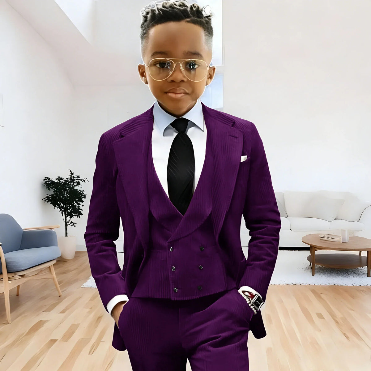 Brown Corduroy Boy Suit 3 Piece Blazer Vest Pant Suit Set Notched Lapel Formal Wedding Dresses Business Tuxedo Suits for Kids