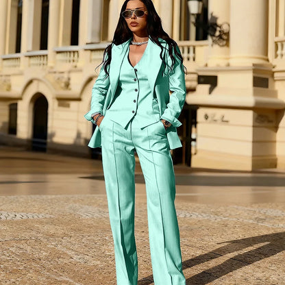 Light Blue 3 Piece Suit Set New Women's Jackets Single Breasted Peaked Lapel Blazer+Vest+Pants Formal Office Commute Outfit