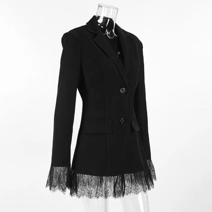 Elegant Black Lace Splice Long Sleeve Women's  Commute Style Fashion Design Polyester Fabric Business Casual Coat