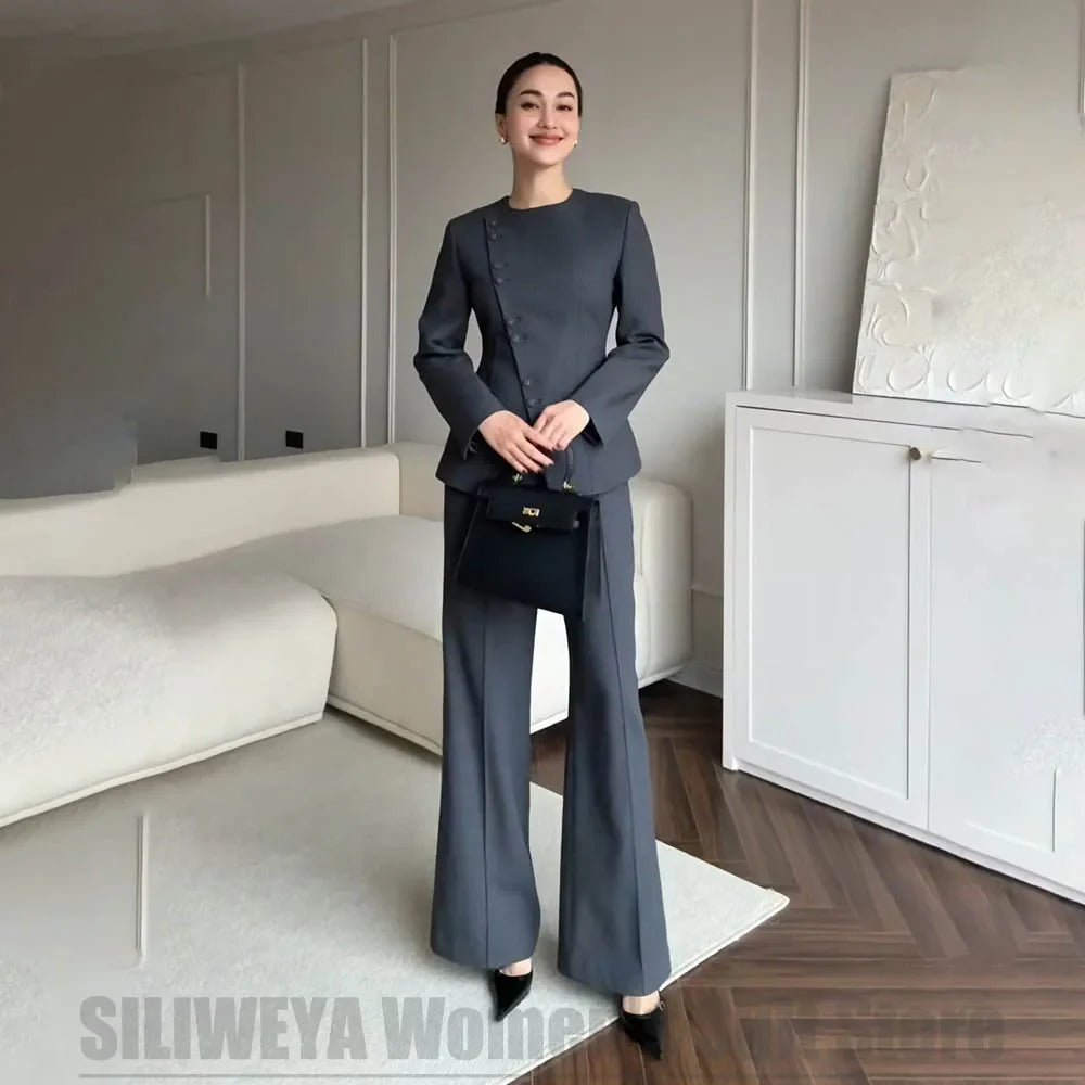 Dark Gray Women's Suit Fashion Round Neck Asymmetric Button Design Outfit 2 Piece Formal Daily Casual Party Office Lady Suits