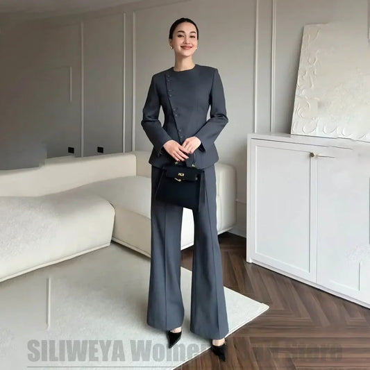 Dark Gray Women's Suit Fashion Round Neck Asymmetric Button Design Outfit 2 Piece Formal Daily Casual Party Office Lady Suits
